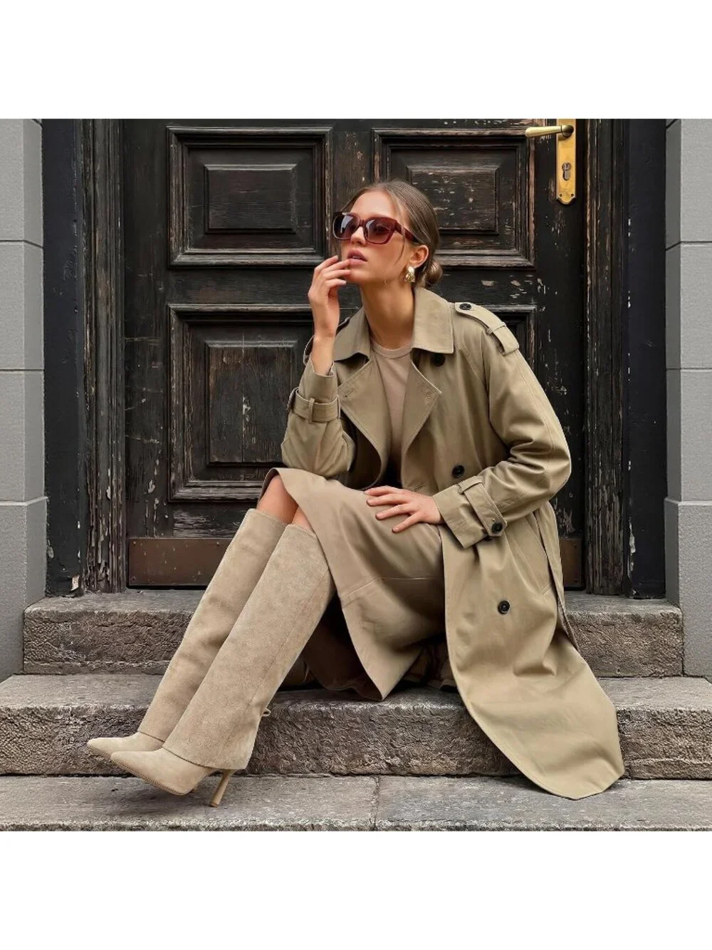 Women's Suede Khaki Stiletto Heel Pointed Toe Side Zipper Knee High Shark Boots